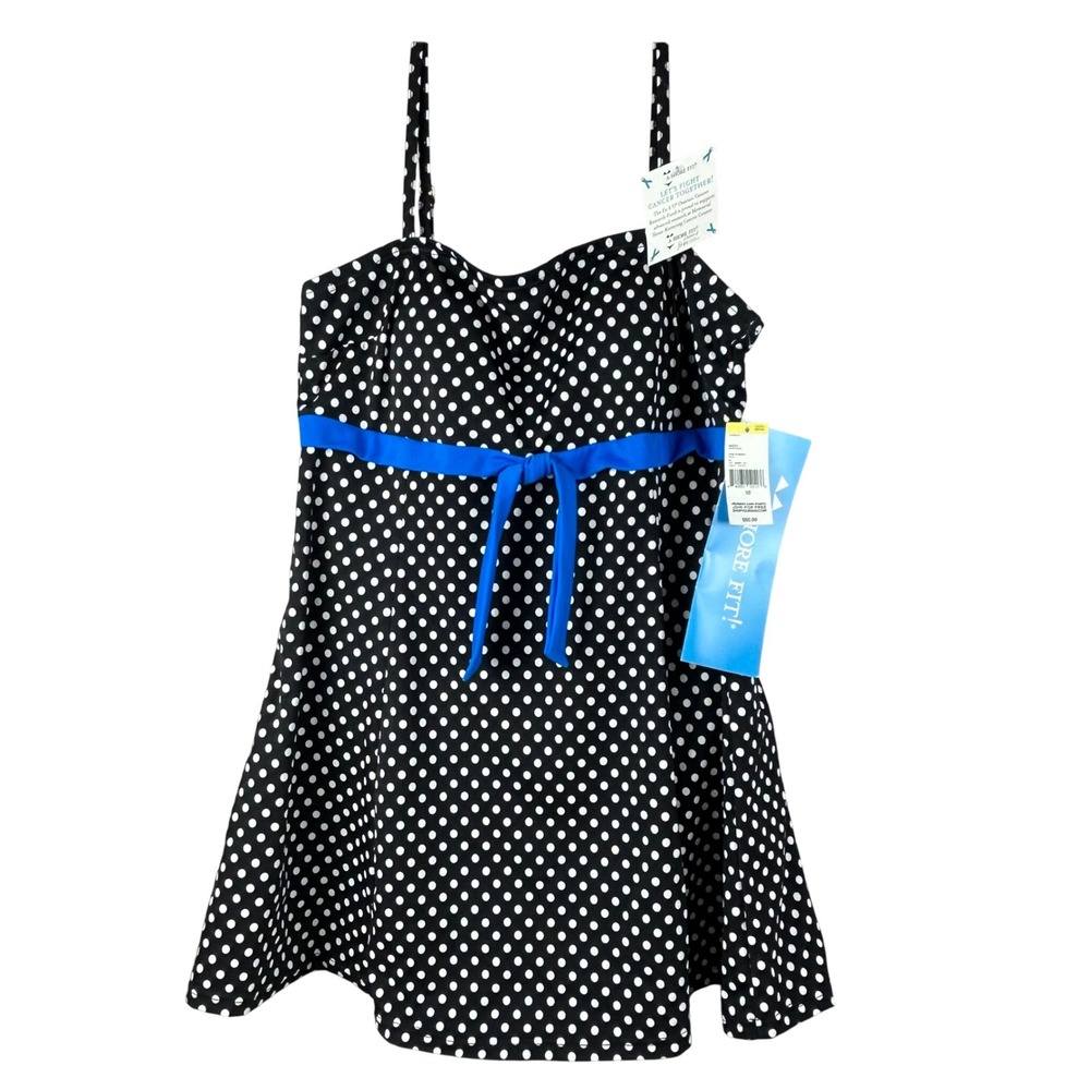 A Shore Fit Womens Black White Polka Dot Retro Swim Dress Blue Tie Size 10